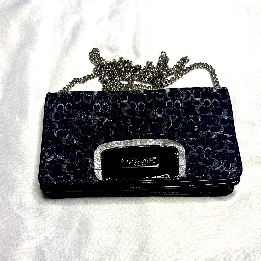 Coach Logo Crossbody Patent Leather bag with Silver Chain